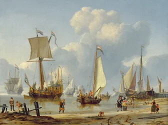 Barcos en aguas tranquilas con figuras en la orilla